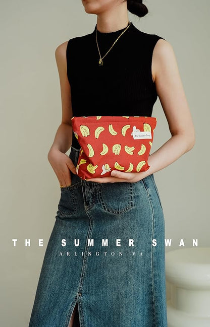 The Summer Swan Large Floral Mid-day Clutch Period Kit Hygiene Skincare Cute Makeup Bag (Banana Red)