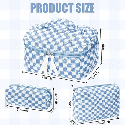 Quilted Makeup Bag Set, 3Pcs Large Checkered Corduroy Cosmetic Bags, Cute Coquette Makeup Bag Toiletry Zipper Pouch Bag for Women and Girls Checkered