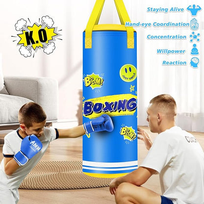 Hanging Punching Bag for Kids, 2FT PU Leather Kicking Bag with Boxing Bag Gloves, Heavy Bag Boxing Equipment for Training Karate Muay Thai Kick Taekwondo(Unfilled)