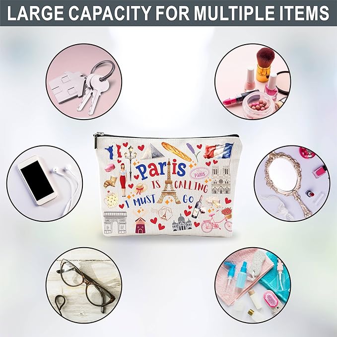 Paris Souvenirs Makeup Bags For Women，Paris Is Calling I Must Go, Travel Cosmetic Bag,Toiletry Pouch,Small Zipper Storage Bag, Paris Themed Gifts, Women Essentials - D01