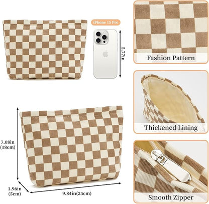 WOZEAH Corduroy Makeup Bag for Purse Small Cosmetic Pouch,Stylish Zipper Make up Pouch Travel Canvas Toiletry Bags(Light Brown Checkered)