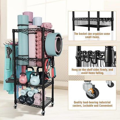 Home Gym Storage, 3 Tiers Workout Equipment Organizer with Wheels for Yoga Mats, Foam Roller, Dumbbells, Kettlebells, and Resistance Bands
