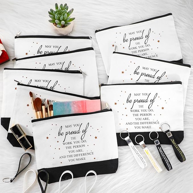 Sanwuta 80 Pcs Inspirational Canvas Makeup Bags Keychains Set Graduation Gifts Teacher Appreciation Gifts Bulk for Employees Women (Be Proud Sign)