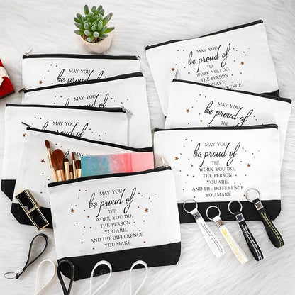 Sanwuta 80 Pcs Inspirational Canvas Makeup Bags Keychains Set Graduation Gifts Teacher Appreciation Gifts Bulk for Employees Women (Be Proud Sign)