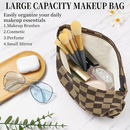 WOZEAH Corduroy Makeup Bag for Purse Small Cosmetic Pouch,Stylish Zipper Make up Pouch Travel Canvas Toiletry Bags(Dark Brown Checkered)