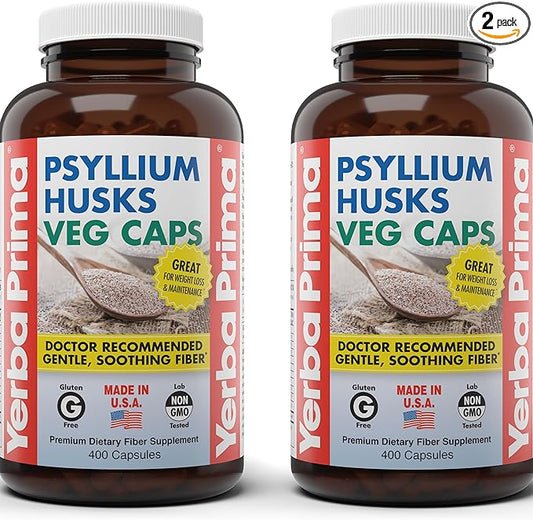 Yerba Prima Psyllium Husks Veg Caps, 400 Capsules (625mg) (Pack of 2) - Vegan, Non-GMO, Gluten Free, Colon Cleanser, Daily Fiber Supplement for Gut Health & Regularity