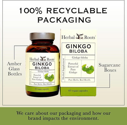 Herbal Roots Ginkgo Biloba Made with Pure Organic Ginkgo Leaf - 1,400mg per Serving, 60 Vegan Capsules