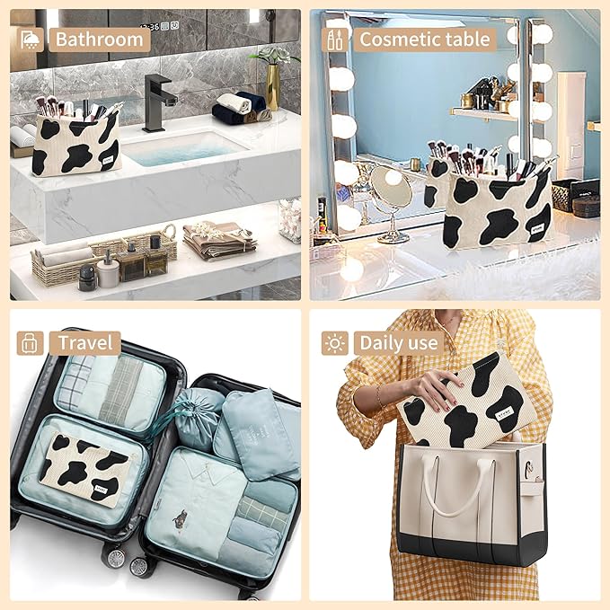 WLLWOO Makeup Bag-2pcs Cow Corduroy Cosmetic Bag Zipper Interior Waterproof Pencil Case Coin Purse Travel Toiletry Small Makeup Pouch For Women