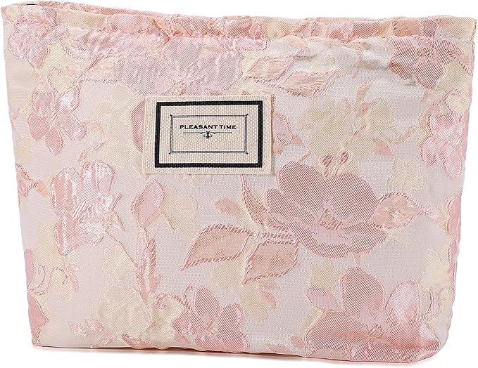 Flower Makeup Bag Travel Large Floral Cosmetic Bags for Women Cute Makeup Pouch Zipper Cosmetic Pouch for Purse Embossed Pink Aesthetic Make up Organizer Bag Portable Toiletry Bag