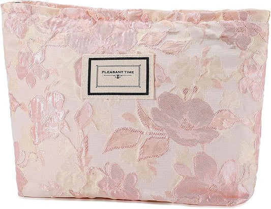 Flower Makeup Bag Travel Large Floral Cosmetic Bags for Women Cute Makeup Pouch Zipper Cosmetic Pouch for Purse Embossed Pink Aesthetic Make up Organizer Bag Portable Toiletry Bag
