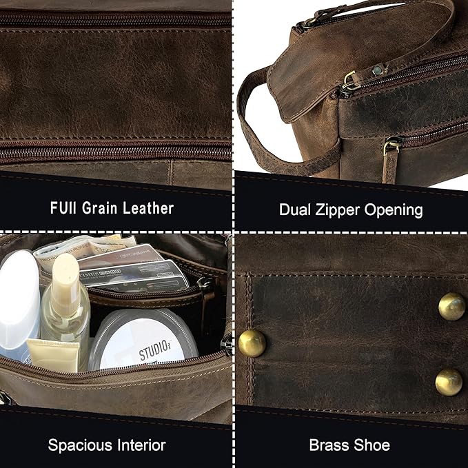 RUSTIC TOWN Buffalo Leather Toiletry Bag : Vintage Travel Shaving & Dopp Kit : for Toiletries, Cosmetics & More : Spacious Interior & Waterproof Lining : Compact, Fits Easily in Luggage
