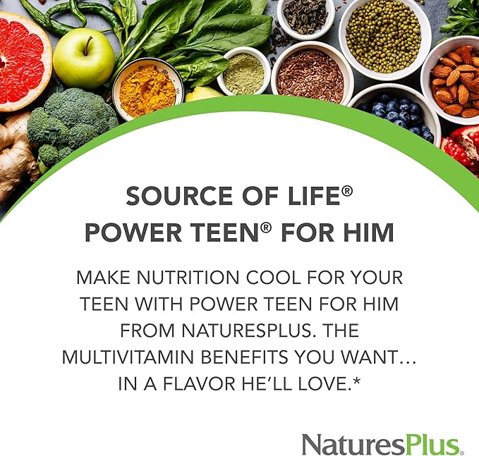 Natures Plus Power Teen for Him - 60 Chewable Tablets, Wild Berry - High-Potency Teenage Multivitamin - Sugar Free, Vegetarian, Gluten Free - 30 Servings