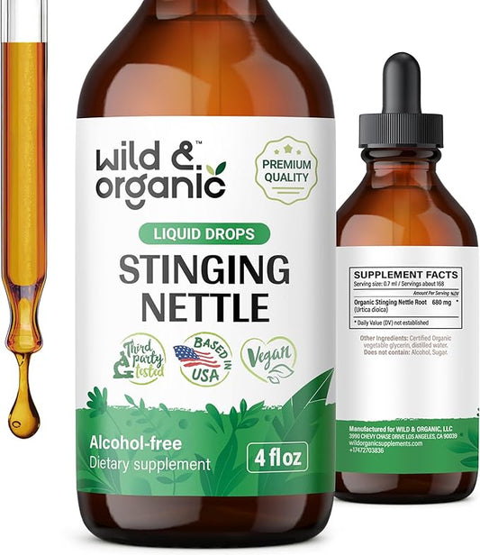Wild & Organic Stinging Nettle Tincture - Stinging Nettle Root Extract Drops - Nettle Root Herb Tincture - Vegan, Alcohol Free Supplement - 4 fl oz