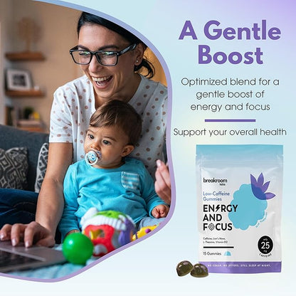 Low-Caffeine Gummies for Energy and Focus w/Vitamin B12, Lion's Mane, L-Theanine - Low Sugar, No Carbs, Gluten Free, Vegan, Nootropic Energy Chew - Blue Raspberry Flavor, 15 Servings