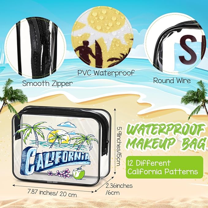 Reginary 10 Pcs California Souvenirs and Gifts Clear Beach Cosmetic Bags PVC Plastic Makeup Bags Waterproof Toiletry Handbags with Zipper Survival Kit Pouch Gifts for Women Travel Summer Vacation