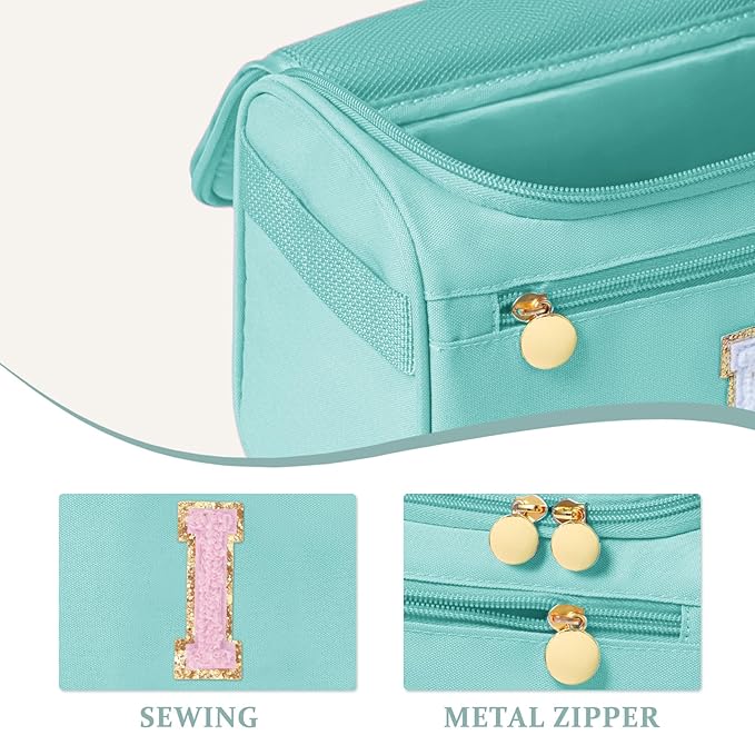 COSHAYSOO Summer Birthday Gifts for Women Her Beach Vacation Gift Ideas Personalized Travel Size Toiletries Organizer, Large Hanging Toiletry Bag Skincare Case Waterproof Traveling Teal Blue Letter I