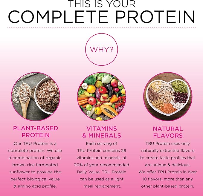 TRU Plant Based Protein Powder, BCAA, EAA, 20g Vegan Protein, 100 Calories, 27 Vitamins, No Artificial Flavors 25 Servings (Chocolate Peanut Butter)