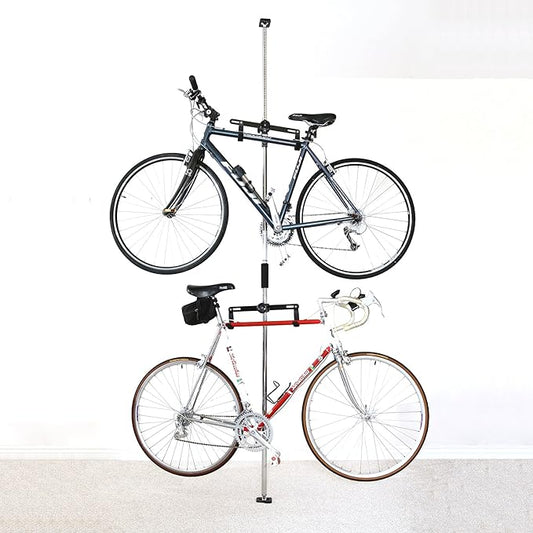 SPAREHAND Dual Bike Storage Rack - Heavy Duty, Adjustable Q-Rack II with 80 Lbs. Weight Capacity - Vertical Floor Storage System for 2 Bikes - Ideal for Garage and Indoor Bicycle Storage - Chrome