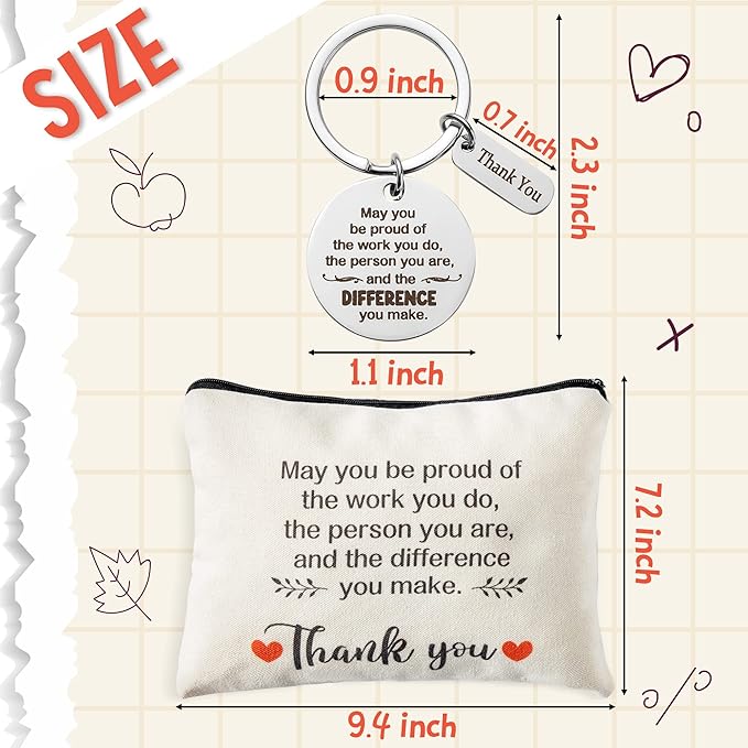 WATINC Appreciation Keychain Thank You Gifts Set - 6Pcs Thank You Key Chains & 6Pcs Proud of You Make a Difference Makeup Cosmetic Bags Inspirational Presents Bulk for Teacher Man Wowen