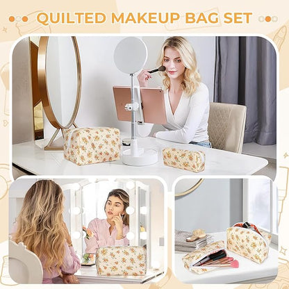 Quilted Makeup Bag Set,Large Floral Cosmetic Pouch For Women,Cute Cotton Brushes Storage Travel Toiletry Organizer Bags(Orange Floral)