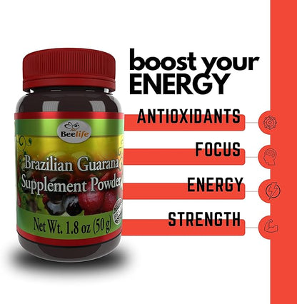 Beelife Brazilian Guarana Powder - Natural Caffeine Supplements from Brazil - Energy & Mental Focus, Muscle Strength Support - Zero Gluten, No Sugar Vegan Pre Workout for Men & Women - 50g