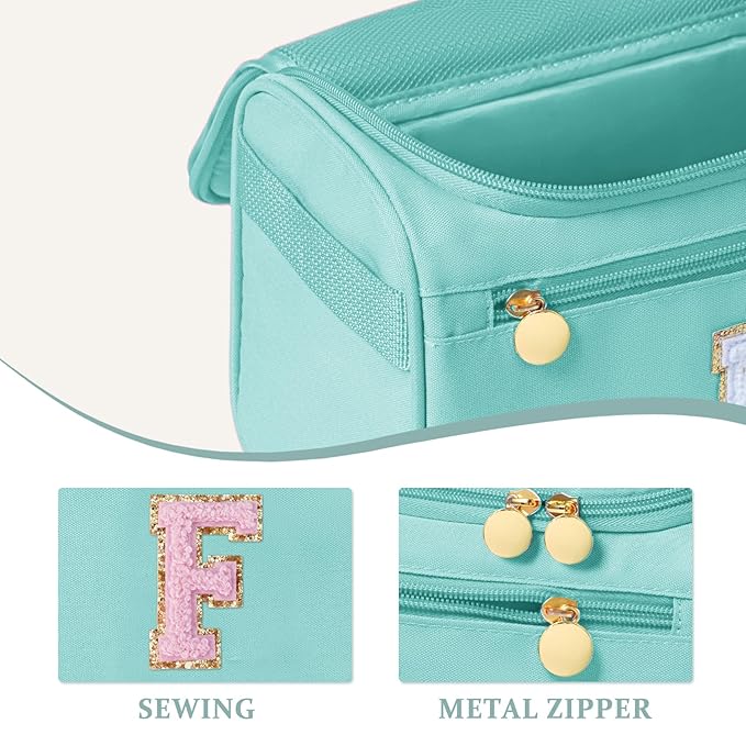 COSHAYSOO Christmas Valentines Galentines Day Fall Travel Gifts for Women Friend Sister Bestie Happy Birthday Party Favor Present, Large Hanging Toiletry Bag Skin Care Toiletries Teal Blue Letter F