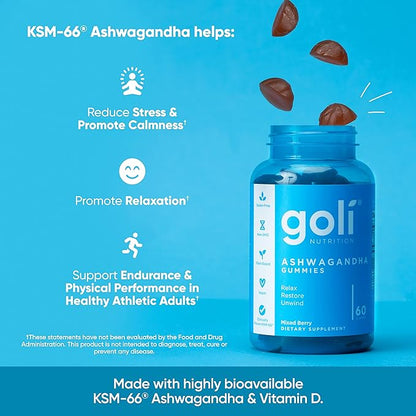 Goli Ashwagandha & Vitamin D Gummy - 180 Count - Mixed Berry, KSM-66, Vegan, Plant Based, Non-GMO, Gluten-Free & Gelatin Free Relax. Restore. Unwind, Pack of 3