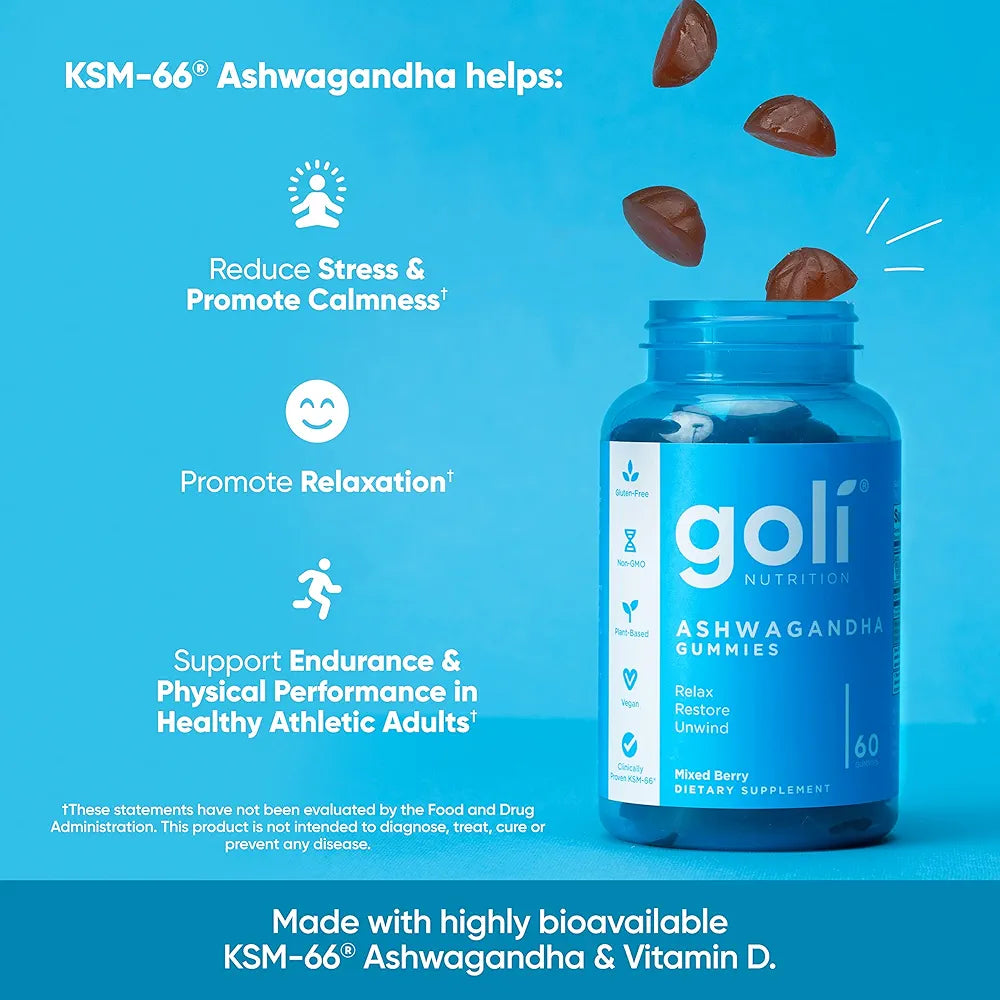 Goli Ashwagandha & Vitamin D Gummy - 180 Count - Mixed Berry, KSM-66, Vegan, Plant Based, Non-GMO, Gluten-Free & Gelatin Free Relax. Restore. Unwind, Pack of 3
