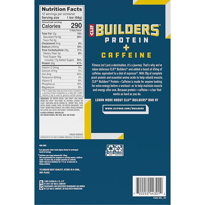 CLIF Builders + Caffeine - Chocolate Chip Cookie Dough Flavor - Plant Based Protein Bars - Gluten Free - Non-GMO - Low Glycemic - 20g Protein - 2.4 oz. (12 Count)