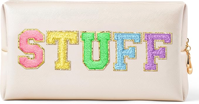CY2SIDE STUFF Letter Makeup Bag - Colorful Stuff Chenille Letter Patch Cosmetic Bag Shell Gold PU Leather Patch Pouch Waterproof Portable Zipper Travel Organizer Christmas Idea Gifts for Women Girls