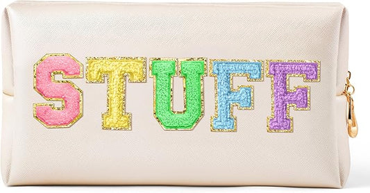 CY2SIDE STUFF Letter Makeup Bag - Colorful Stuff Chenille Letter Patch Cosmetic Bag Shell Gold PU Leather Patch Pouch Waterproof Portable Zipper Travel Organizer Christmas Idea Gifts for Women Girls