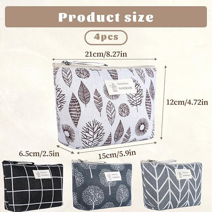 Canvas Makeup Bag Set, 4 Pcs Makeup Pouch Set Multi-Function Travel Zipper Pouch Purse Organizer Pouches, Travel Pouches Toiletry Bag Christmas Gifts Printed Cute Cosmetic Bags for Women Girls
