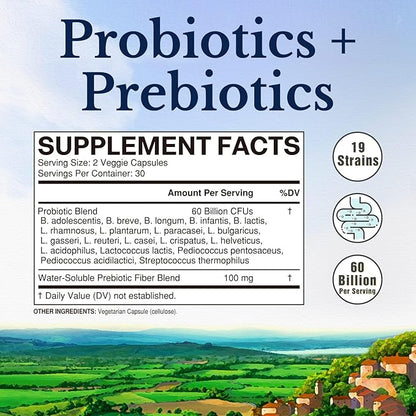 Vitalitown Probiotics + Prebiotics | 60 Billion CFUs 19 Strains | 60 Delayed Release Veg Caps | Shelf Stable, Prebiotics and Probiotics | Digestive Health, Immune Health | Vegan, Non-GMO, No Dairy
