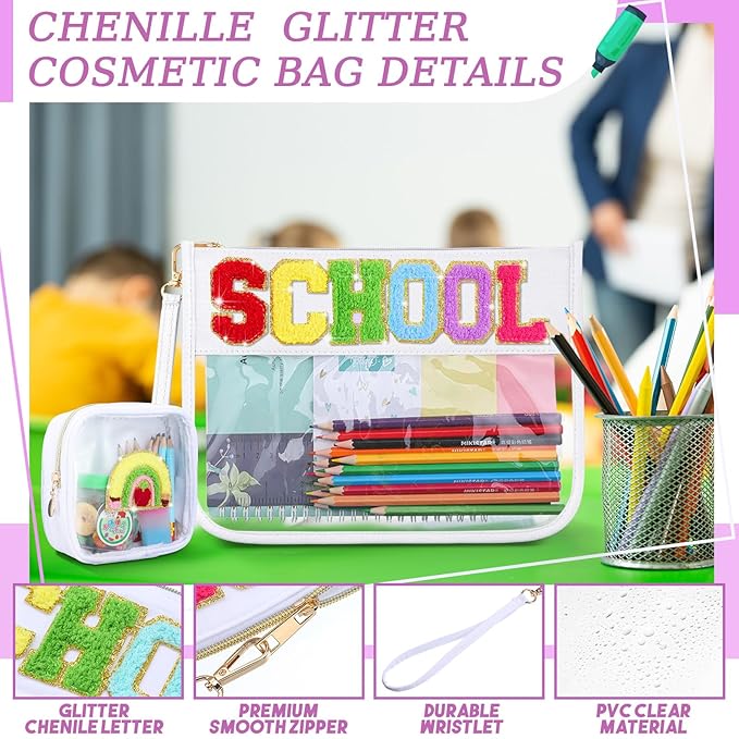 Hillban 2 Pcs Welcome Back to School Gift Bags Pencil Pouch Clear Case Chenille Letter Makeup Cosmetic Bags Toiletry Travel Purse First Day of School Waterproof PVC Organizer Storage for Women