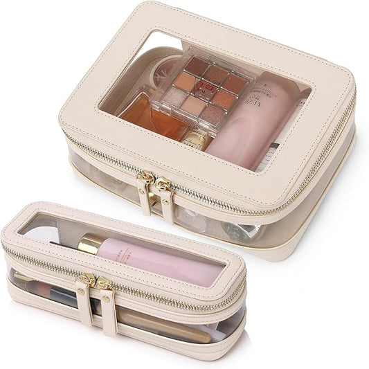 Travel Clear Makeup Bag with Brush Case TSA Approved Toiletry Bag Waterproof Cosmetic Organizer Car Essential for Women (Beige, M+SLIM)