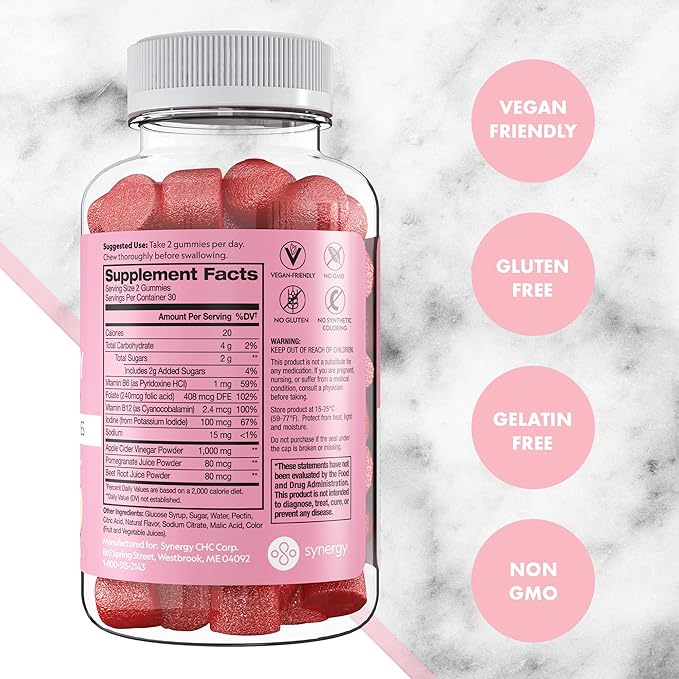Flat Tummy Apple Cider Vinegar Gummies, 60 Count – ACV Gummies, Detox, Support Gut Health – Vegan-Friendly, Non-GMO - Beet and Pomegranate Superfood Powders, Vitamins B6, B9 & B12
