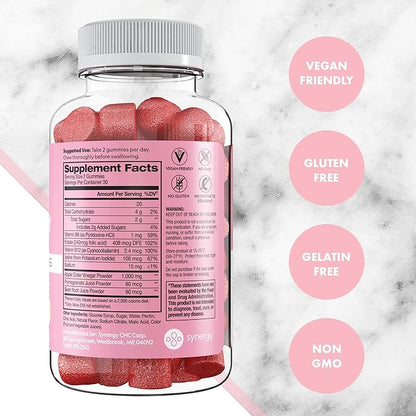 Flat Tummy Apple Cider Vinegar Gummies, 60 Count – ACV Gummies, Detox, Support Gut Health – Vegan-Friendly, Non-GMO - Beet and Pomegranate Superfood Powders, Vitamins B6, B9 & B12