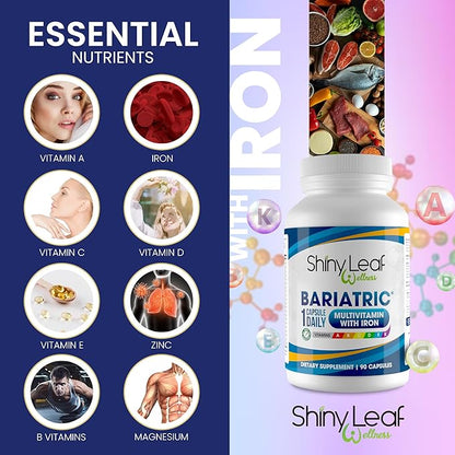 Shiny Leaf Bariatric Multivitamin with Iron - 45mg Iron, 90 Capsules, Post WLS Support, for Gastric Sleeve, Bypass and Mini Bypass, High Potency Daily Vitamins, for Women and Men,3 Months Supply