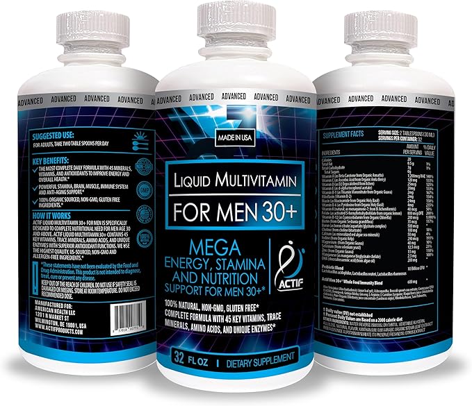 ACTIF Liquid Daily Multivitamin for Men Age 30+ with 40 Advanced Factors – Non GMO, Made in USA, 32oz, Expiration: 05/2026