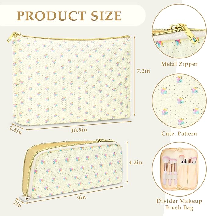 Quilted makeup bag Set for Women, Floral Cotton Makeup Bag Travel Cosmetic Pouch for Girls Make Up Organizer, Gift for Mothers Day, Birthday Gift for Her - Yellow