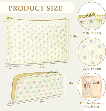 Quilted makeup bag Set for Women, Floral Cotton Makeup Bag Travel Cosmetic Pouch for Girls Make Up Organizer, Gift for Mothers Day, Birthday Gift for Her - Yellow