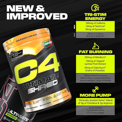 Cellucor C4 Ultimate Shred Pre Workout Powder, Metabolism Supplement with Cayenne Extract+300mg Caffeine+TeaCrine+Dynamine - Orange Creamsicle, 20 Servings