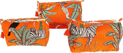 Rastogi Handicrafts Cosmetic Bags Set, 3 Piece Make Up Organizer Bag Storage Bags with Zipper Closure (3, Orange, Design-3)