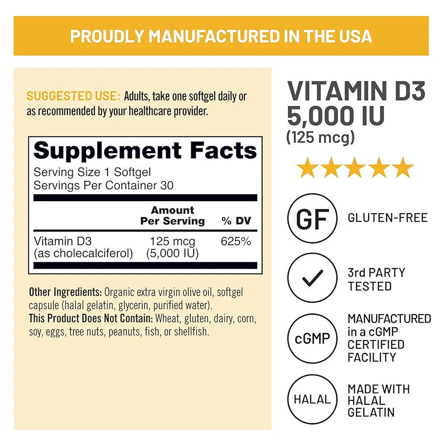 NatureWise Vitamin D3 5000iu  30-Day Supply for Immune Support, Healthy Muscle Function, and Bone Health - Non-GMO, Gluten Free in Organic Extra Virgin Olive Oil, , 30 Count