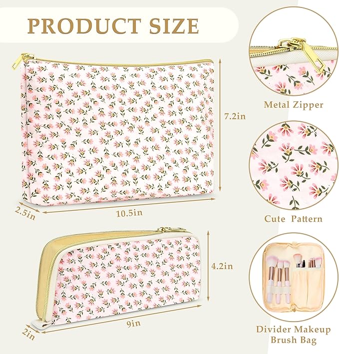 Quilted makeup bag Set for Women, Floral Cotton Makeup Bag Travel Cosmetic Pouch for Girls Make Up Organizer, Gift for Mothers Day, Birthday Gift for Her - Red Flower