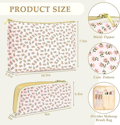 Quilted makeup bag Set for Women, Floral Cotton Makeup Bag Travel Cosmetic Pouch for Girls Make Up Organizer, Gift for Mothers Day, Birthday Gift for Her - Red Flower