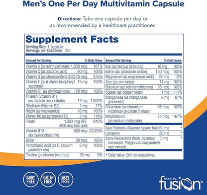 Bariatric Fusion One Per Day Bariatric Multivitamin with Iron for Men | with Prostate and Heart Support Vitamins* | Gastric Bypass and Sleeve Gastrectomy | 90 Capsules | 3 Month Supply