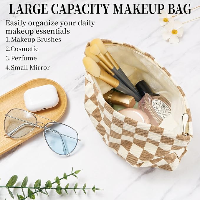 WOZEAH Corduroy Makeup Bag for Purse Small Cosmetic Pouch,Stylish Zipper Make up Pouch Travel Canvas Toiletry Bags(Light Brown Checkered)