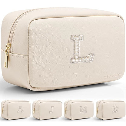 Vlando Travel Gifts for Women Make up Bag Bridesmaid Proposal Gifts Pearl Letter Pouch Cosmetic Bag Zipper Purse for Women Girls Daughter Preppy Stuff L