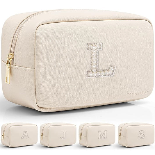 Vlando Travel Gifts for Women Make up Bag Bridesmaid Proposal Gifts Pearl Letter Pouch Cosmetic Bag Zipper Purse for Women Girls Daughter Preppy Stuff L
